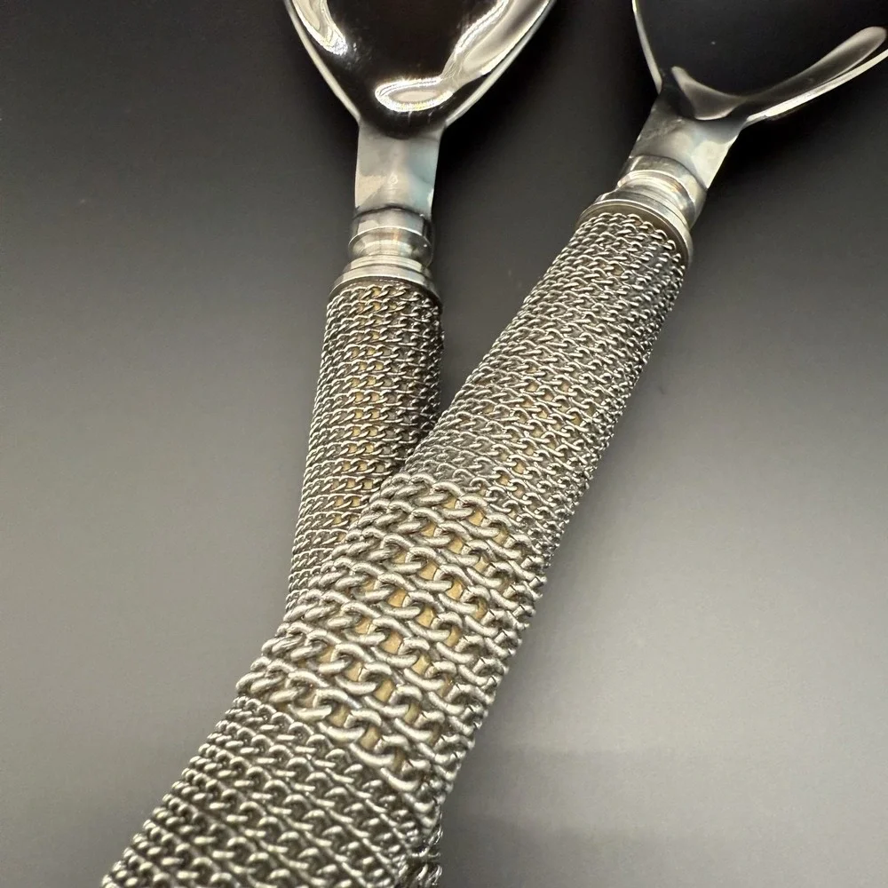 Vtg Silver Salad‎ Servers Woven Wire Mesh Handles Y2K Postmodern Godinger Style
